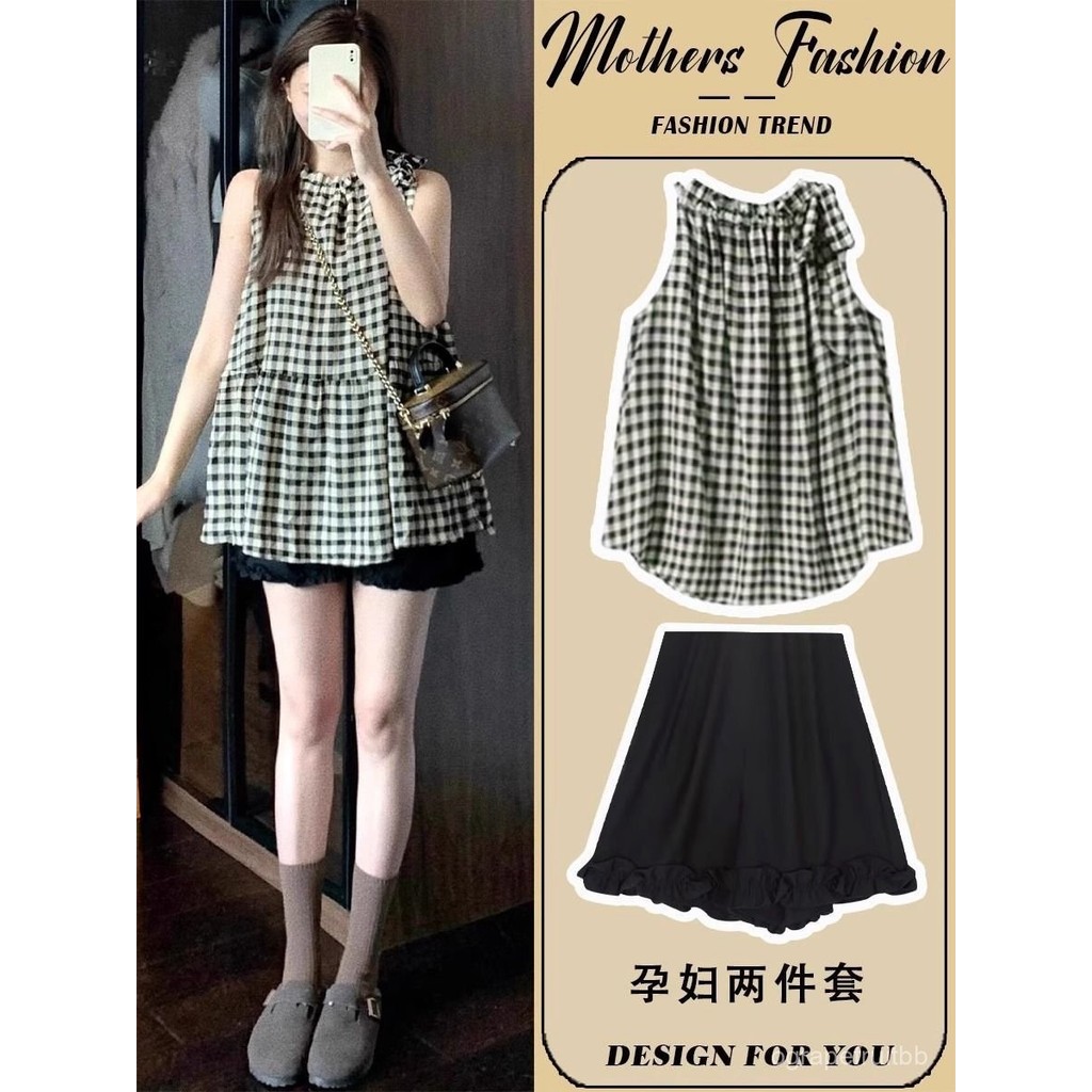 ✨ชุด2ชิ้น🍑ชุดคลุมท้องน่ารักๆ เสื้อลายสก็อตแขนกุด+กางเกงขาสั้น ผ้านุ่ม ใส่เที่ยวทำงานได้ ชุดคลุมท้องแฟชั่น⭐️