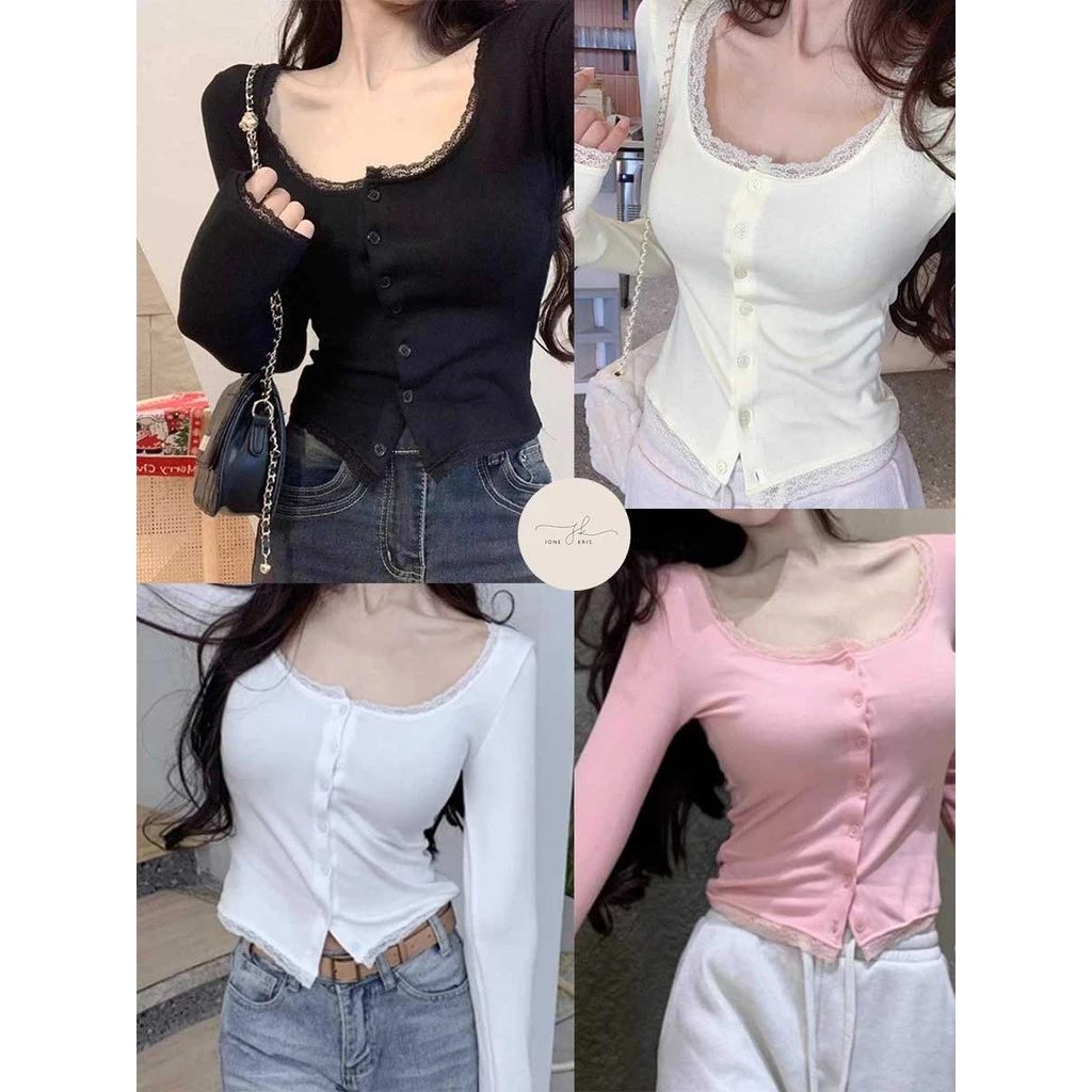 เสื้อแขนยาวสีพื้น ผ้าลูกไม้แฟชั่น ดีไซน์ครอปเก๋ๆ