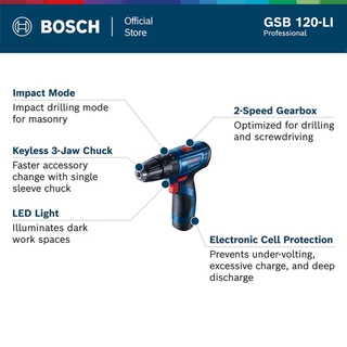 BOSCH สว่านกระแทกไร้สาย 12V GSB 120 Li (ชุด 1 แบต พร้อมที่ชาร์จ)