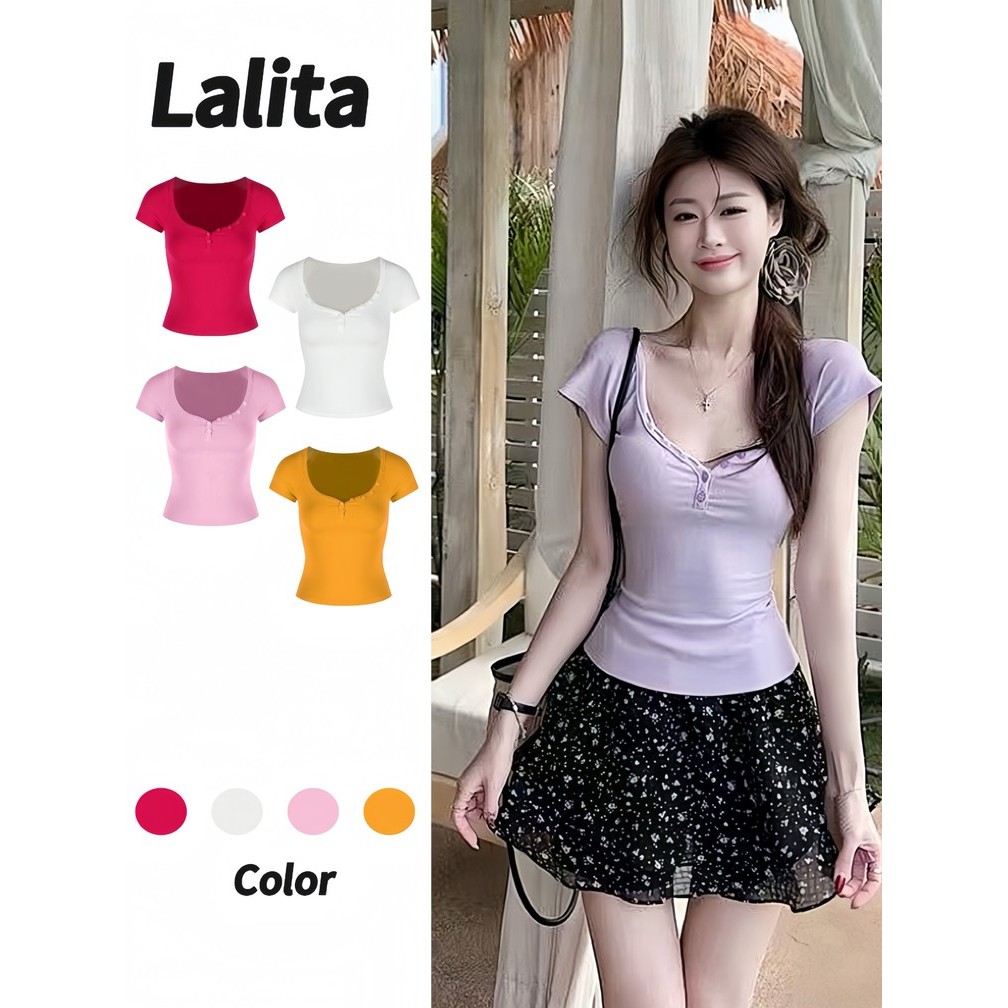 พร้อมส่ง แขนสั้นรั ดรูปเซกซี่ เสื้อน่ารักผู้หญิง เสื้อรัดรูป  สีพื้น 4สี ผ้ายืดรูปทรงสวย สไตล์เกาหลี Lalita