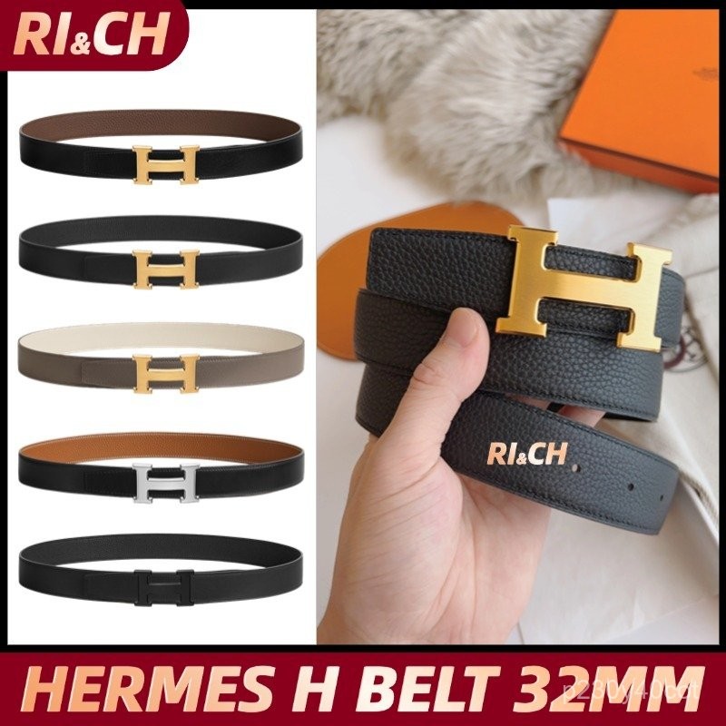 Hermes H Men's Belt Buckle & Double Leather Belt 32mm เข็มขัดผู้ชาย # Rich Hermès แท้