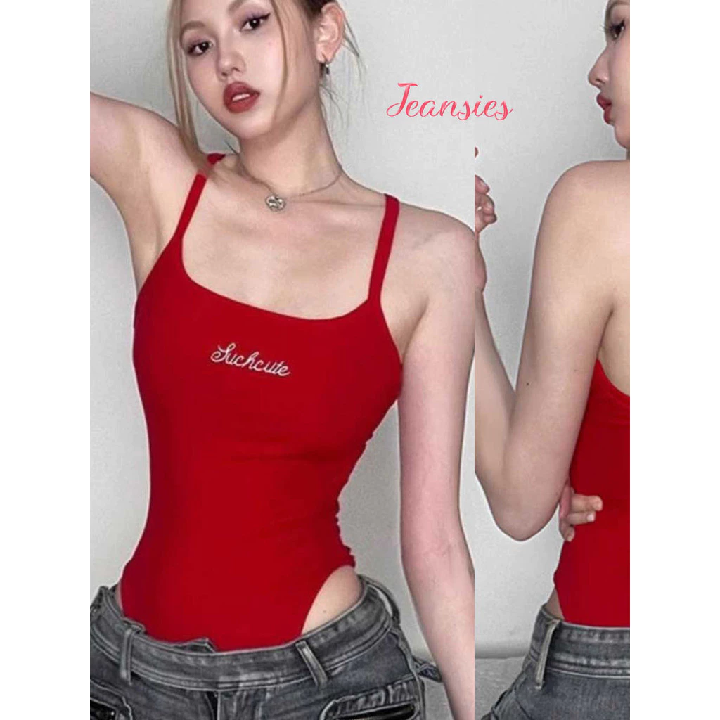 เสื้อบอดี้สูทแฟชั่น ลายปักสีแดง โชว์หลังดีไซน์ไขว้
