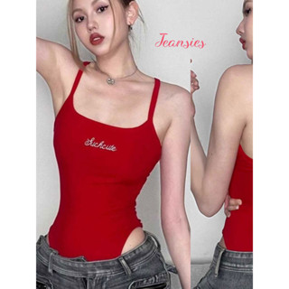 เสื้อบอดี้สูทแฟชั่น ลายปักสีแดง โชว์หลังดีไซน์ไขว้