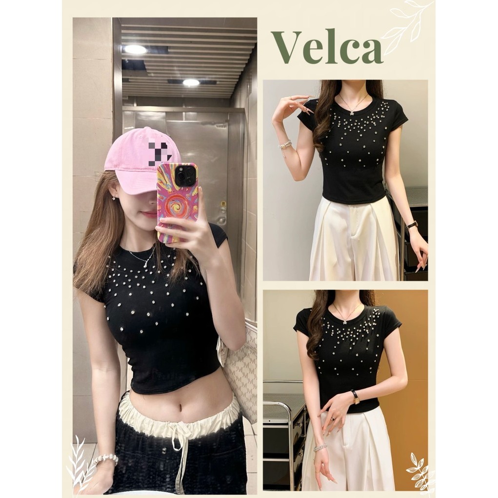 พร้อมส่ง เสื้อยืดแขนสั้น ผ้ายืดรูปทรงสวย เเบบสุดฮิต 2สี คอกลมประดับเพชร  แขนสั้นรัดรูปเซกซี่ Velca