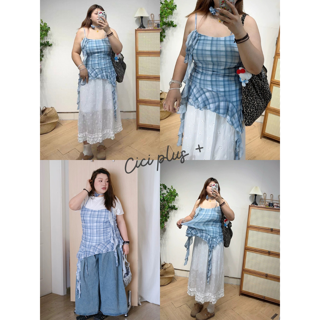 CiCi Plus+(J2222) เสื้อสายเดี่ยวซีทรูแต่งระบายด้านข้าง แถมผ้าพันคอและโชคเกอร์ดอกไม้ สไตล์สาวพลัสไซส์