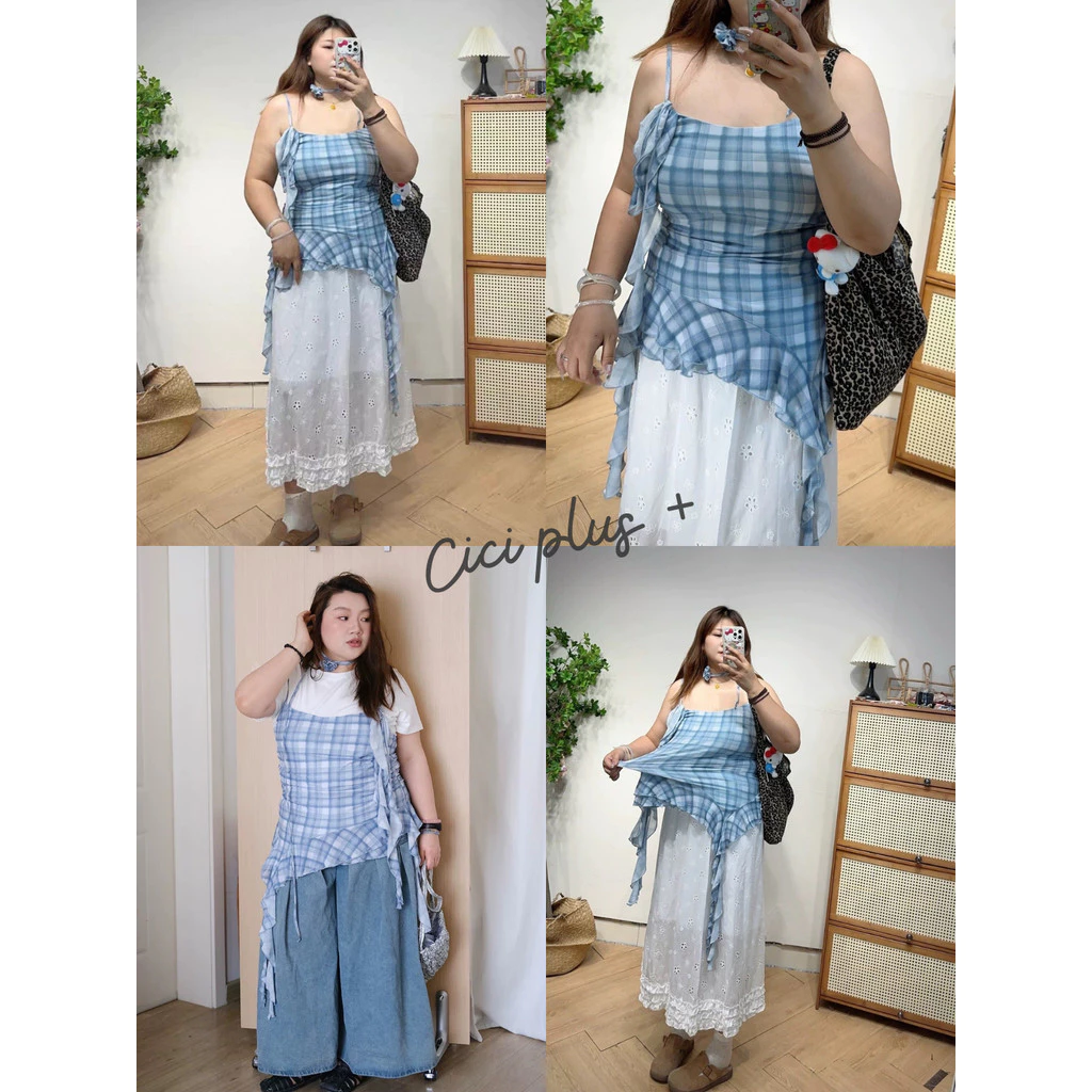 CiCi Plus+(J2222) เสื้อสายเดี่ยวซีทรูแต่งระบายด้านข้าง แถมผ้าพันคอและโชคเกอร์ดอกไม้ สไตล์สาวพลัสไซส์
