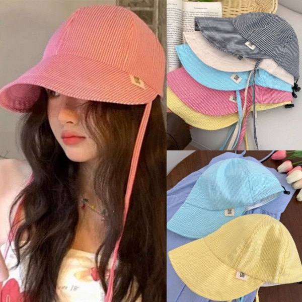 หมวกบักเก็ต ลายทางสีตัดกัน โดปามีน แฟชั่นกันแดด หลากหลายสไตล์ สไตล์เกาหลี หมวก