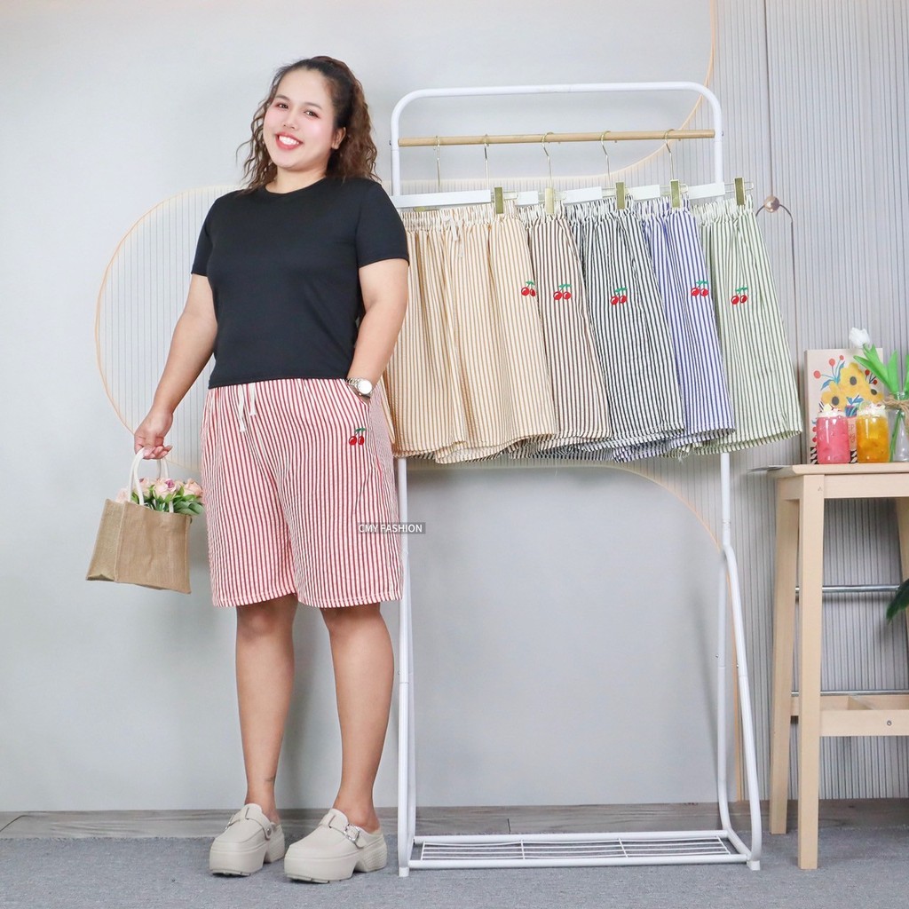 กางเกงขาสั้น ไซส์ใหญ่ กางเกงลำลอง ลายริ้ว ปักลายผลไม้ ผ้าบับเบิ้ล เนื้อผ้าไม่อับชิ้น ใส่สบาย ใส่ได้ท