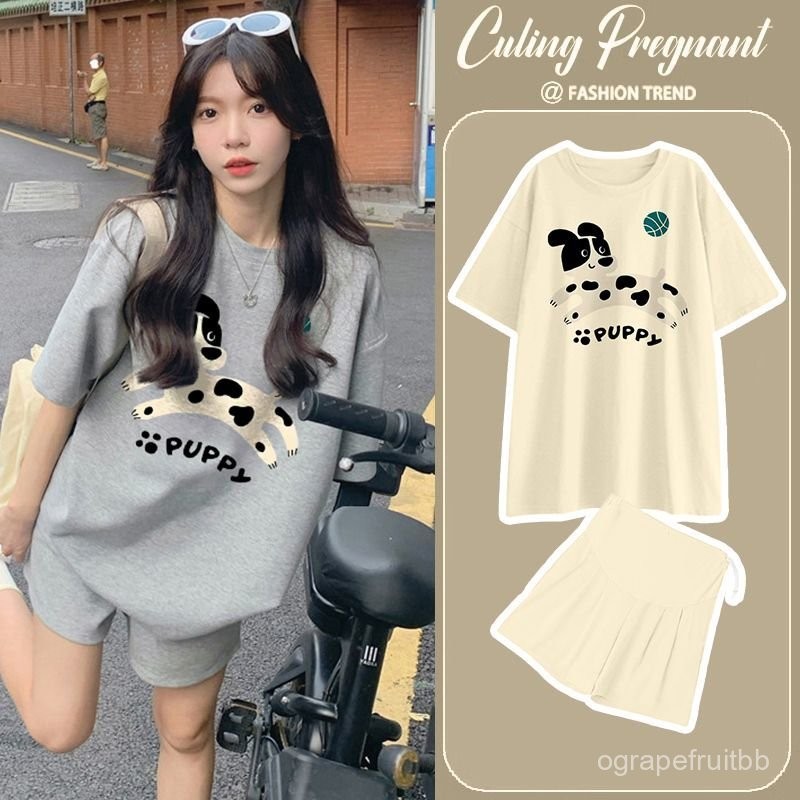 🍑แฟชั่นชุดคลุมท้อง💏ชุด 2 ชิ้นสำหรับหญิงตั้งครรภ์✨ลายดัลเมเชียนแขนสั้น+กางเกงขาสั้น⭐️ปรับเอวได้ตามอายุครรภ์✨M-3XL