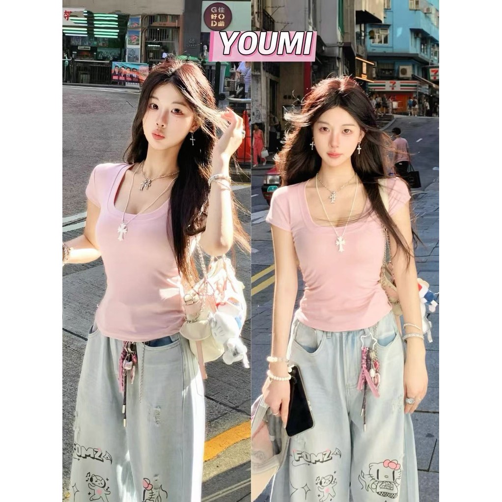 พร้อมส่งจากกทม  เสื้อยืดผู้หญิง เสื้อแขนสั้น ทรงสลิมฟิต สีสันสดใส YOUMI