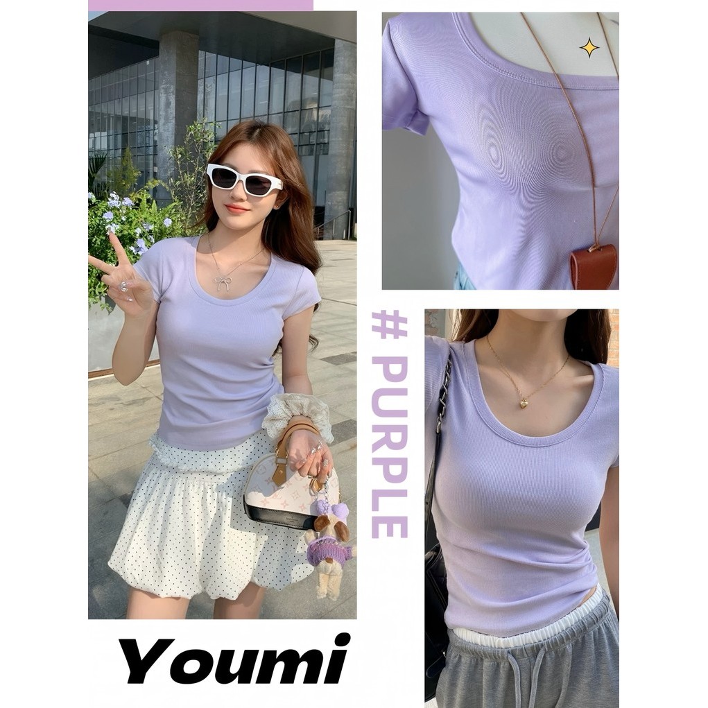 พร้อมส่งจากกทม  เสื้อยืดแขนสั้นผ้าไหมน้ำแข็งผู้หญิง เสื้อยืดสีทึบสไตล์เกาหลีทรงเข้ารูปและใช้งานได้หลากหลาย YOUMI