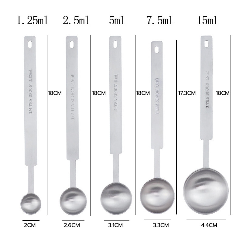 INK CAFE ช้อนตวง สแตนเลส ชุด 5 ชิ้น  1.25 มล/2.5 มล/5 มล/7.5 มล/15 มล มีสเกลบอกชัดเจน ช้อนเมล็ดกาแฟด