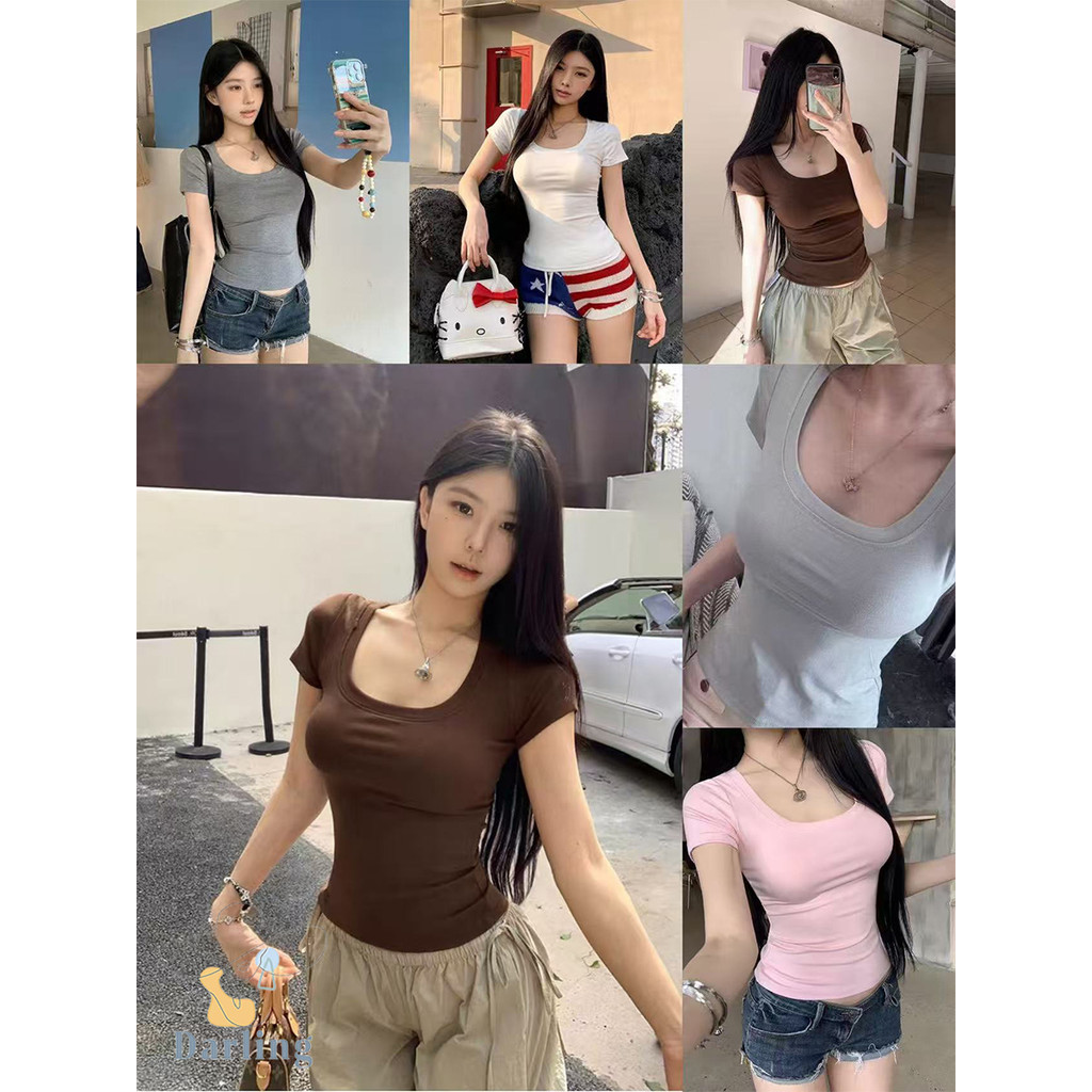 เสื้อครอป แขนสั้น คอUใหญ่ ผ้าฝ้ายแท้ ใส่สบาย