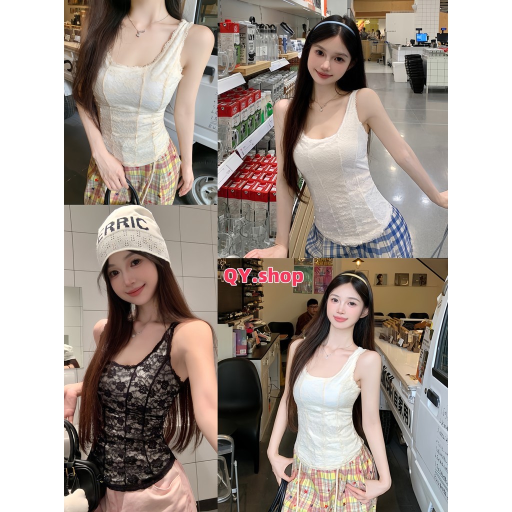 QY.Shop เซ็กซี่ เสื้อยืดผู้หญิง เสื้อสายเดี่ยว ดีเทลลายลูกไม้สไตล์เกาหลี มีฟองน้ำ สายปรับสั้นยาวได้ "FY10115"