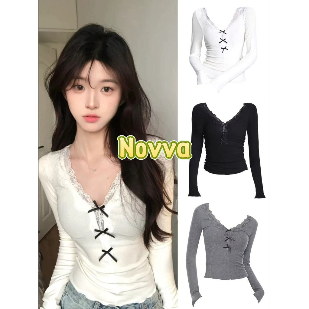 ส่งไวจากไทย เสื้อแขนยาวผู้หญิง สีพื้น สาวร้อนแรง ดีไซน์ขอบลูกไม้ แต่งขอบโบว์ Novva