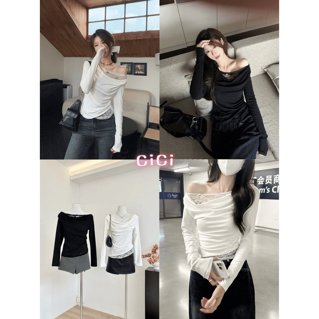 ส่งทันทีCici(NO. Y6355) เสื้อแขนยาวปาดไหล่ดีเทลเย็บลูกไม้ 2 ชั้น จั้มเอวข้างเดียว สไตล์สาวผู้ดี