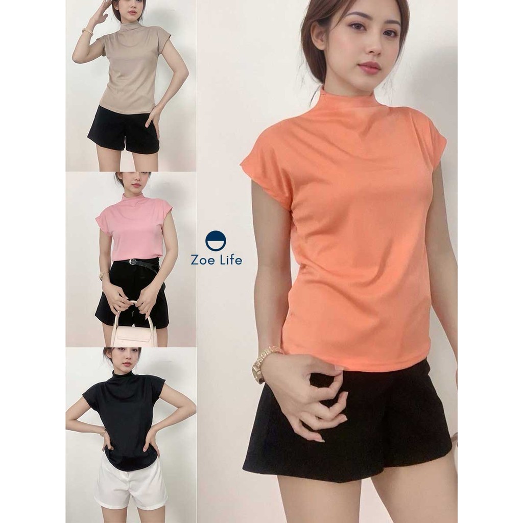 เสื้อทำงานแขนสั้นแบบใหม่ คอสูง เสื้อยืดคอกลมผู้หญิงแขนล้ำ