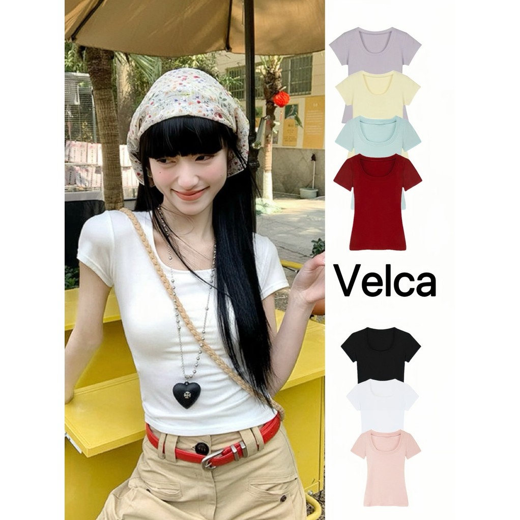 ร้อมส่ง เสื้อยืดแขนสั้นผ้ามน้ำ แข็งผู้หญิงเสื้อยืดสีทึบสไตล์เกาหลีทรงเข้ารูปและใ
