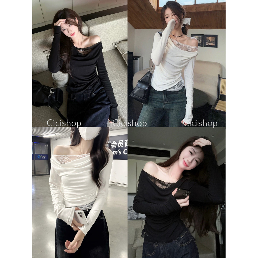 Cicishop(Y6355) เสื้อแขนยาวปาดไหล่ดีเทลเย็บลูกไม้ 2 ชั้น จั้มเอวข้างเดียว สไตล์สาวผู้ดี