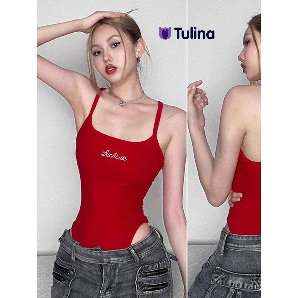 เสื้อกล้ามแฟชั่นวินเทจ สีแดงลายปัก รัดหุ่น