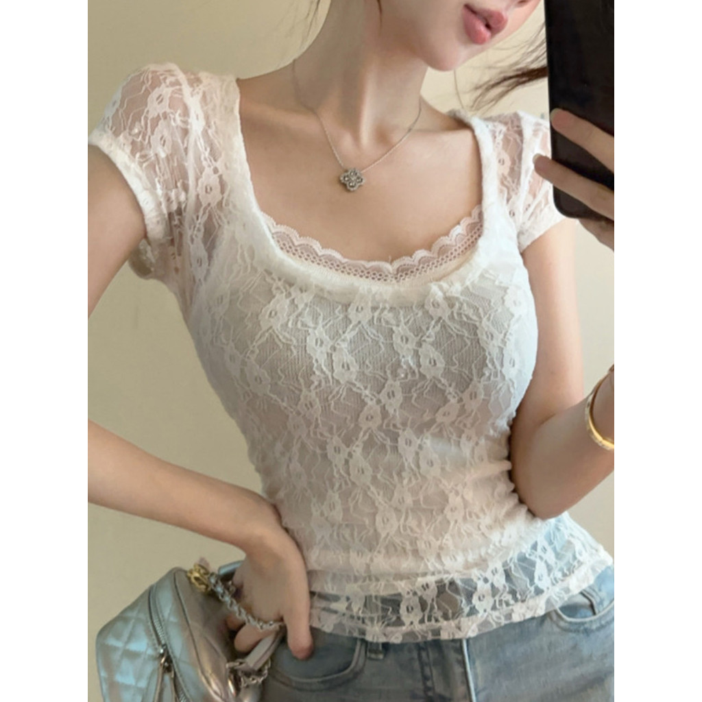 เสื้อยืดคอเหลี่ยมดีไซน์พิเศษ ลายลูกไม้ สไตล์สาวๆ