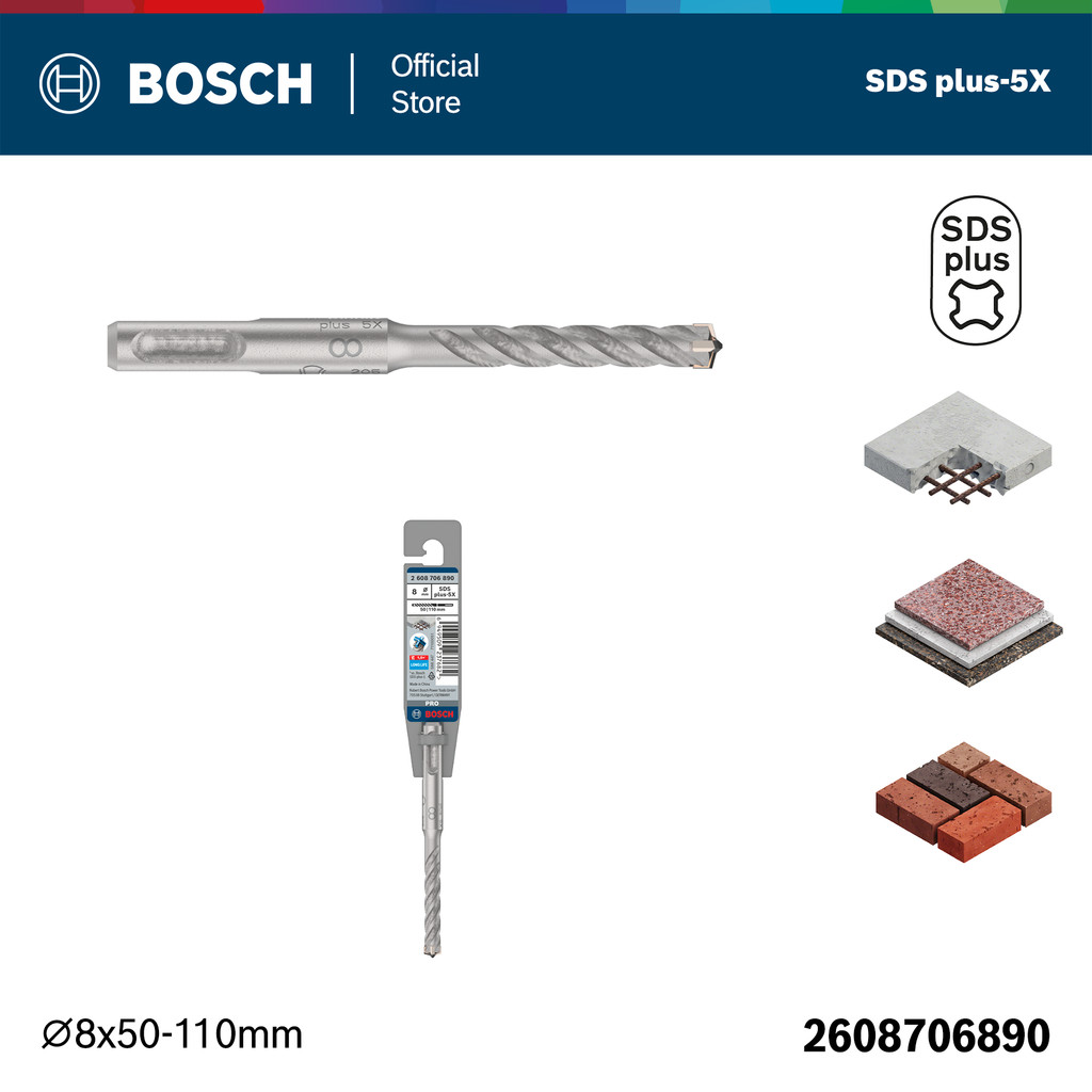 BOSCH ดอกสว่านโรตารี่เจาะปูน SDS Plus 5X ขนาด 8 x 110 mm สีเงิน รหัส 2608706890