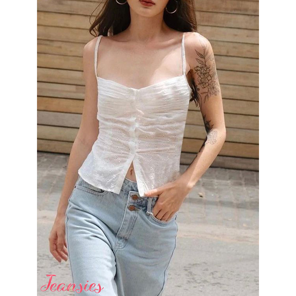 เสื้อสายเดี่ยวเปิดหน้า หญิงใส่เที่ยว คาเฟ่  ลุคสายฝ.