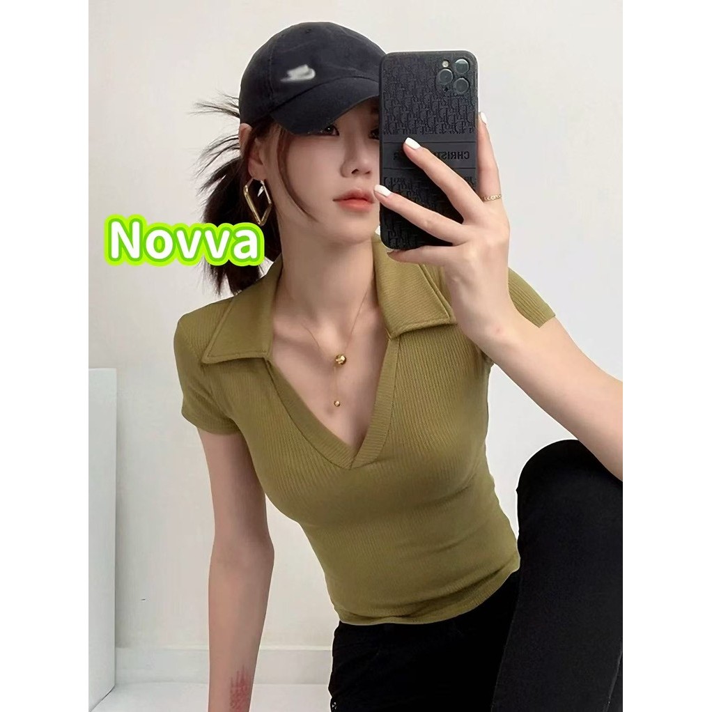 ส่งไวจากไทย 3สี เสื้อแขนสั้นไหมพรม คอโปโล ดีไซน์เรียบๆ สไตล์ลำลอง Novva