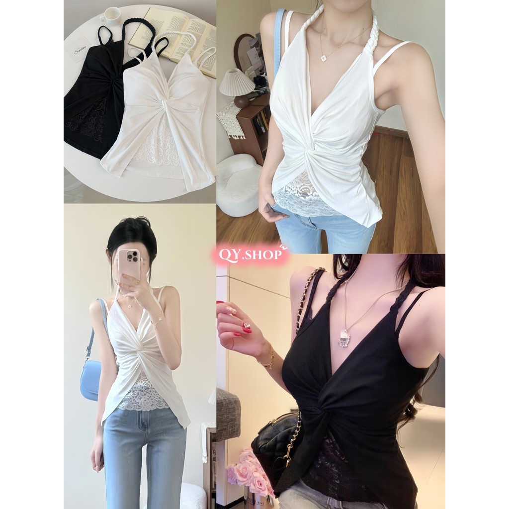 QY.Shop⭐️สินค้าราคาพิเศษ⭐️พร้อมส่ง เสื้อท็อปคล้องคอลูกไม้ แมคเอ เซ็กซี่สําหรับผู้หญิง "FY5518"