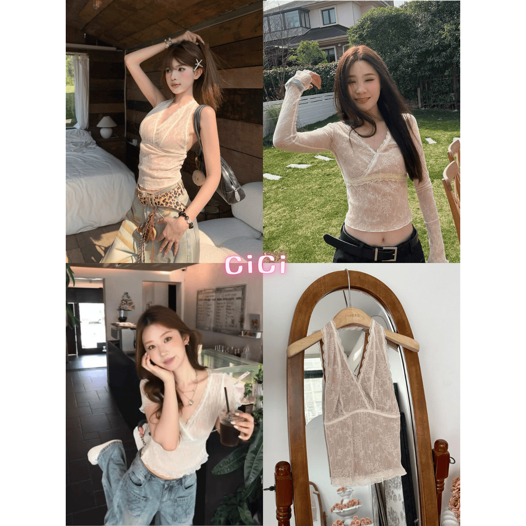 ส่งทันที Cici(NO. J2216/J2217/J2217-1) เสื้อคล้องคอ ดีเทลคอวี ดีเทลลูกไม้รอบตัว กระดุมแป๊ก สไตล์สาวสายฝอแซ่บเวอร์