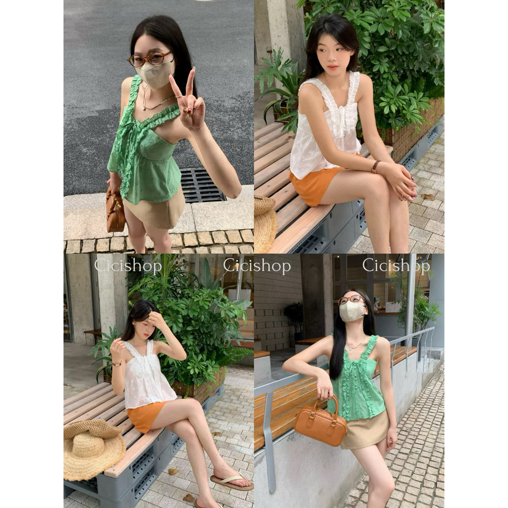 Cicishop(J2212) เสื้อสายเดี่ยวผูกโบว์ด้านหน้า ดีเทลลูกไม้ สายปรับได้ สม็อคหลัง มีกระดุมหน้า สไตล์สาวเกาหลีตัวเล็ก