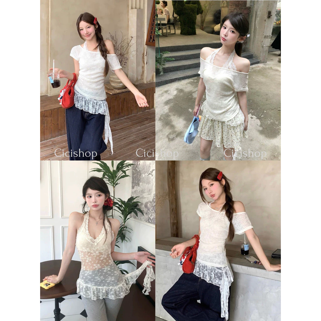 Cicishop(J2221)Set 2 ชิ้น เสื้อแขนสั้น+ซีทรูคล้องคอด้านใน สไตล์หน้าร้อน Summer