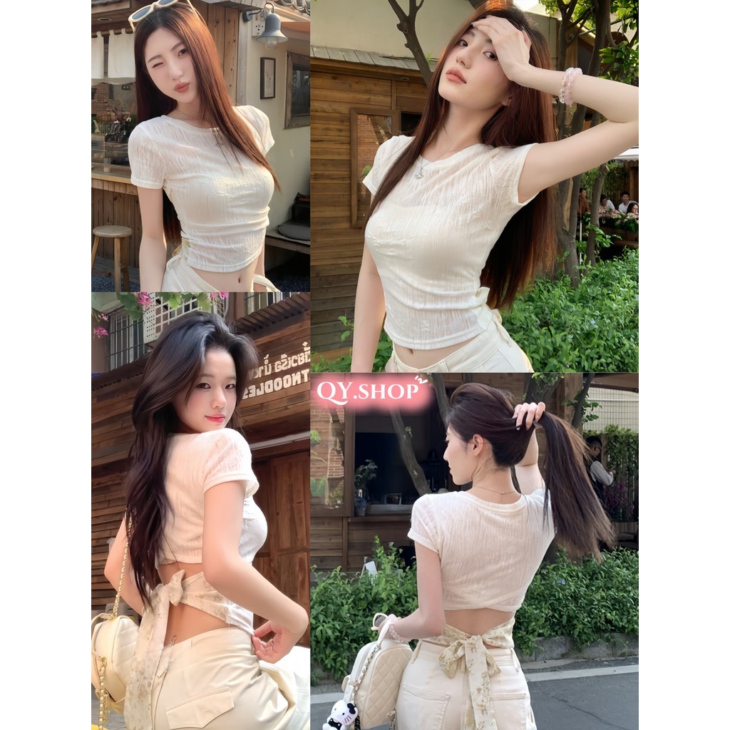 QY.Shop⭐️สินค้าราคาพิเศษ⭐️พร้อมส่ง เสื้อยืดครอปสั้น คอกลม ผ้านุ่มนิ่ม ผ้าไหมพรมสีครีมใส่ง่าย "8K179"