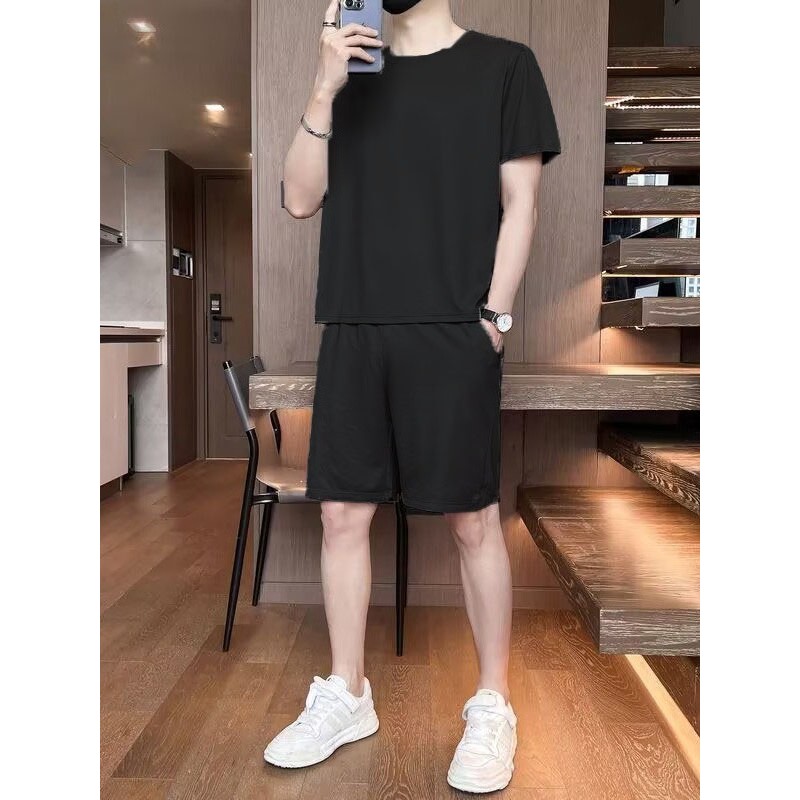 CF.HOME ชุดเซทผู้ชายฤดูร้อน สินค้าใหม่ สไตล์เกาหลี ผ้าไหมน้ำแข็ง  ชุดเซทสองชิ้นแขนสั้นและกางเกงขาสั้น LZ-TZ001