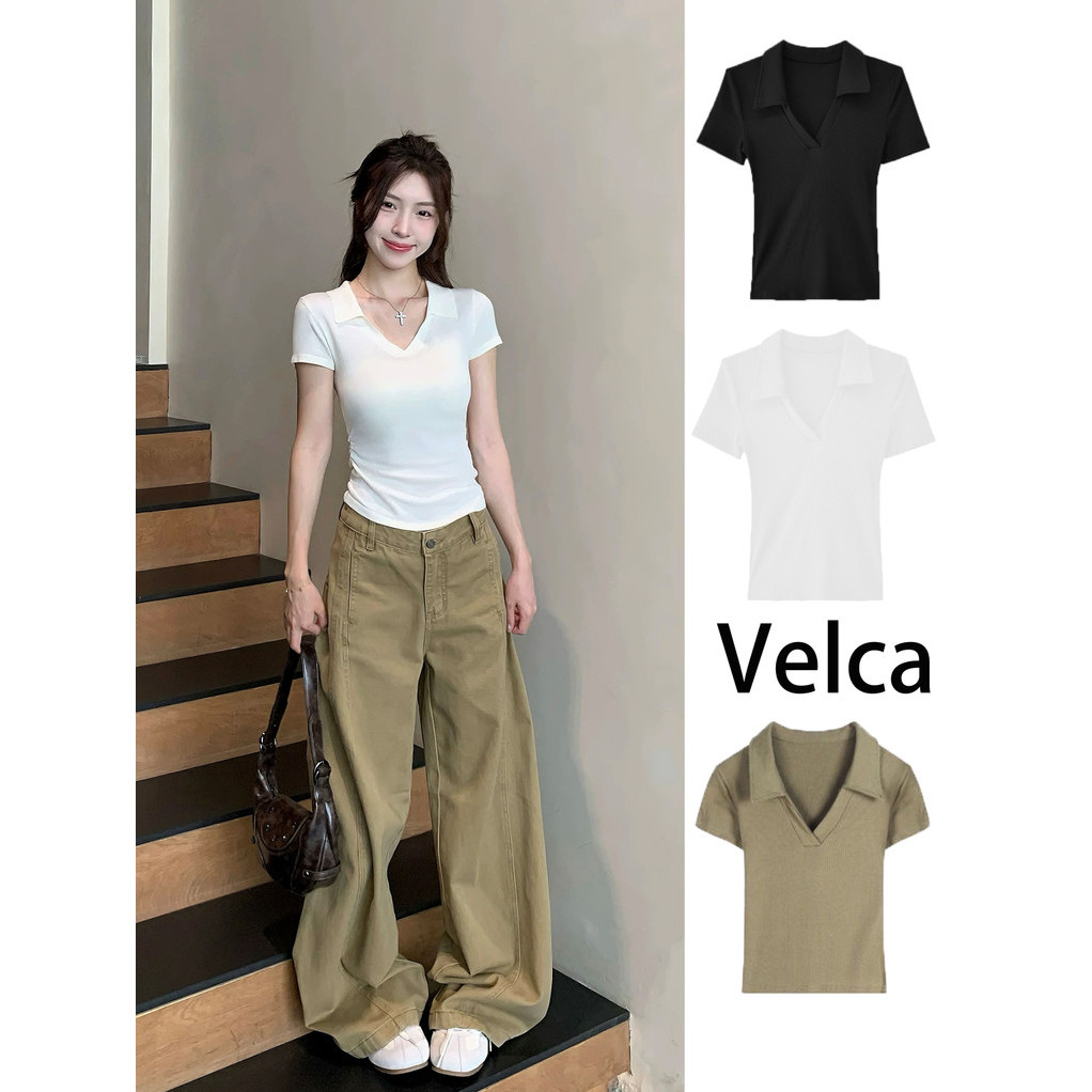 พร้อมส่ง  แขนสั้น  เสื้อผ้าแฟชั่นเกาหลี เสื้อโปโลฤดูร้อนสำหรับผู้หญิง ใส่เที่ยว ใส่ทํางาน Velca