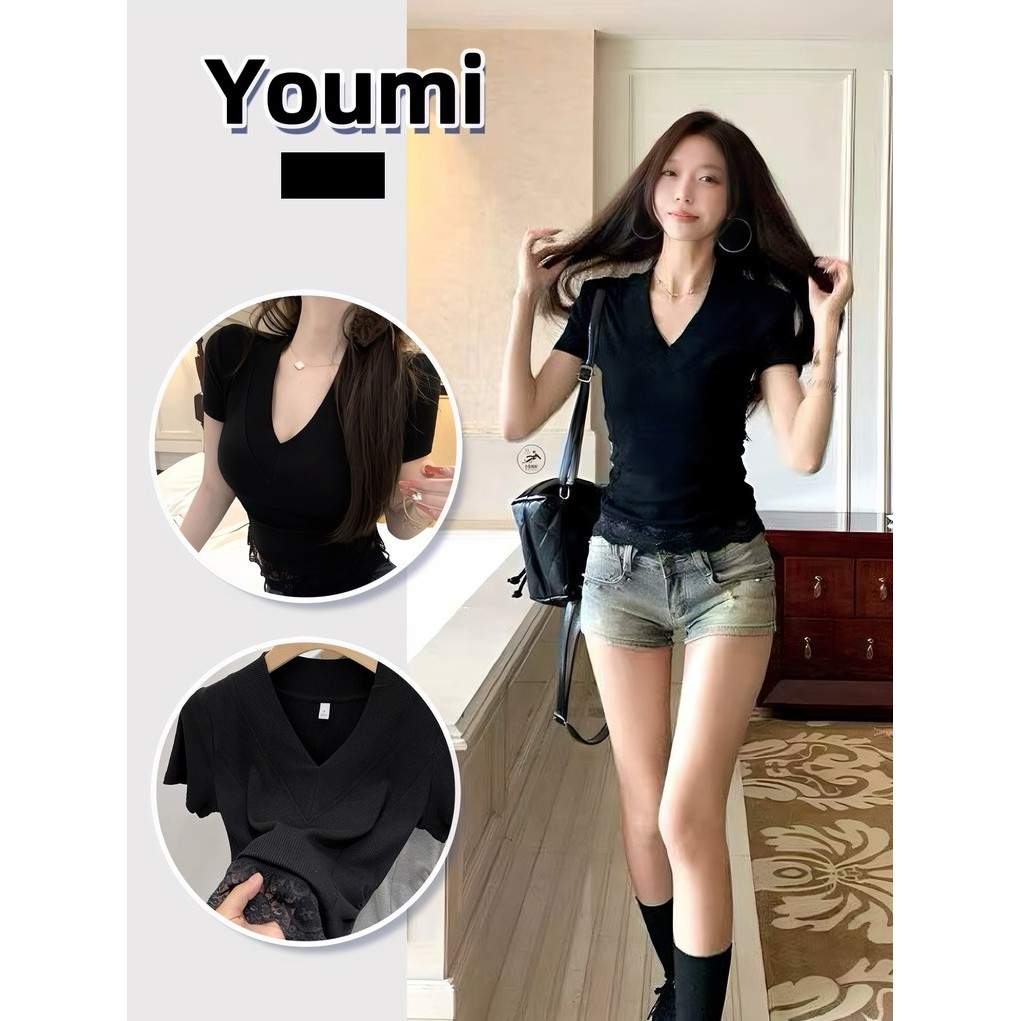 ทรงสลิมฟิต เสื้อท็อปสตรีลูกไม้เซ็กซี่ เสื้อยืดแขนสั้นคอวีหญิงสาวร้อน   สไตล์ใหม่ Youmi