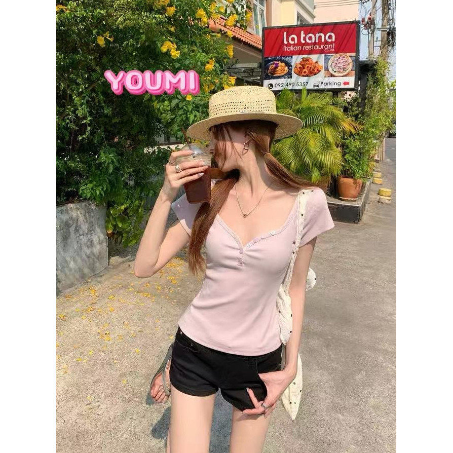 เสื้อยืดคอวีทรงเข้ารูปสีทึบผู้หญิง ฤดูร้อนสลิมเมอร์ลำลอง ดูเสื้อยืดผู้หญิง YOUMI