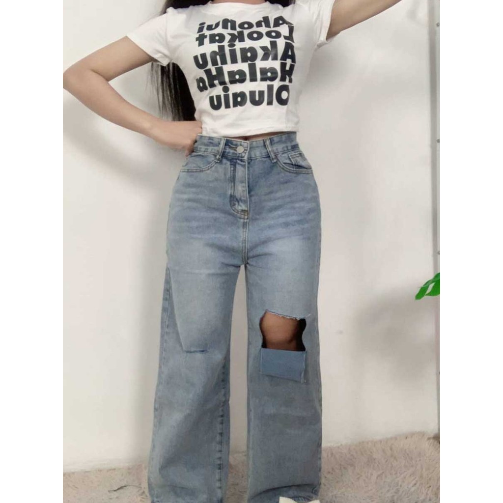 ชุดลำลองสาวเท่ เสื้อแขนสั้น + ยีนส์ขาดเท่
