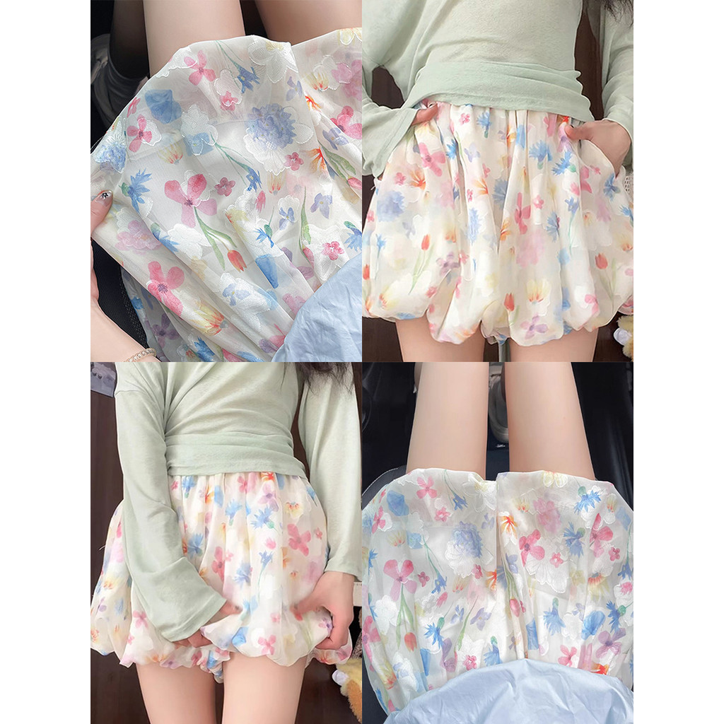 กางเกงกระโปรงแฟชั่น ผ้าบางลายดอก เอวสูงใส่สบาย