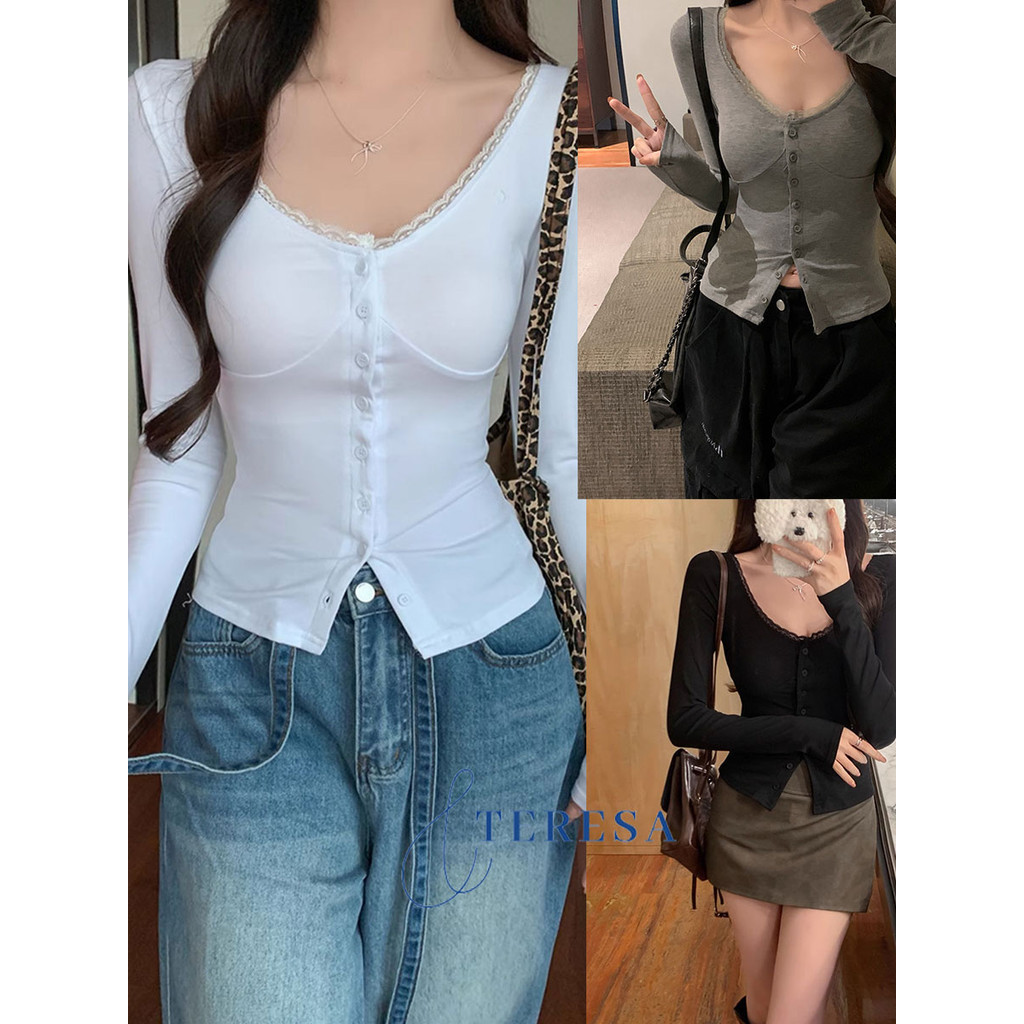 เสื้อผ้าผู้หญิงแนบตัว คอยูลูกไม้ เพิ่มลุคหวานเซ็กซี่