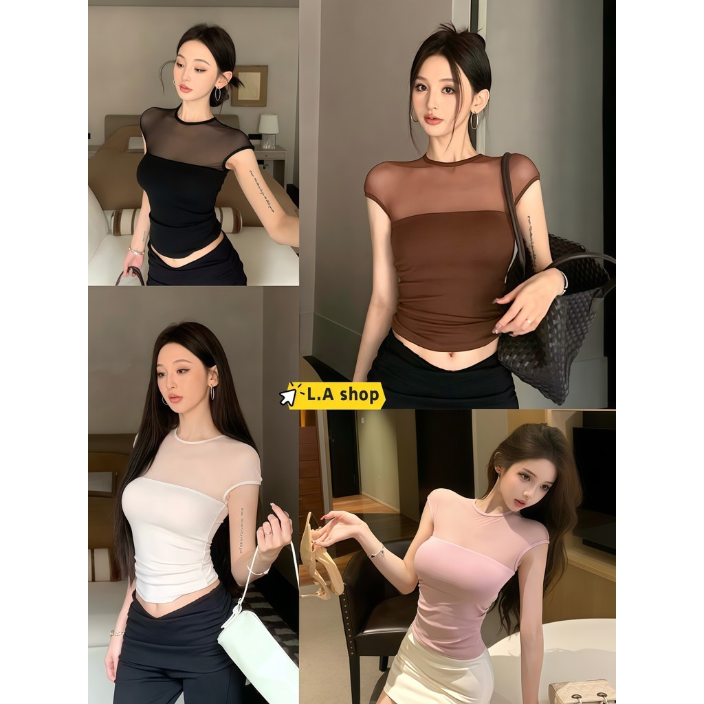 L.A Shop★พร้อมส่ง มีฟองน้ำ เสื้อยืดแขนสั้น คอสูง ผ้าโปร่ง เข้ารูป เซ็กซี่ แฟชั่นสไตล์เกาหลี"FY1040"