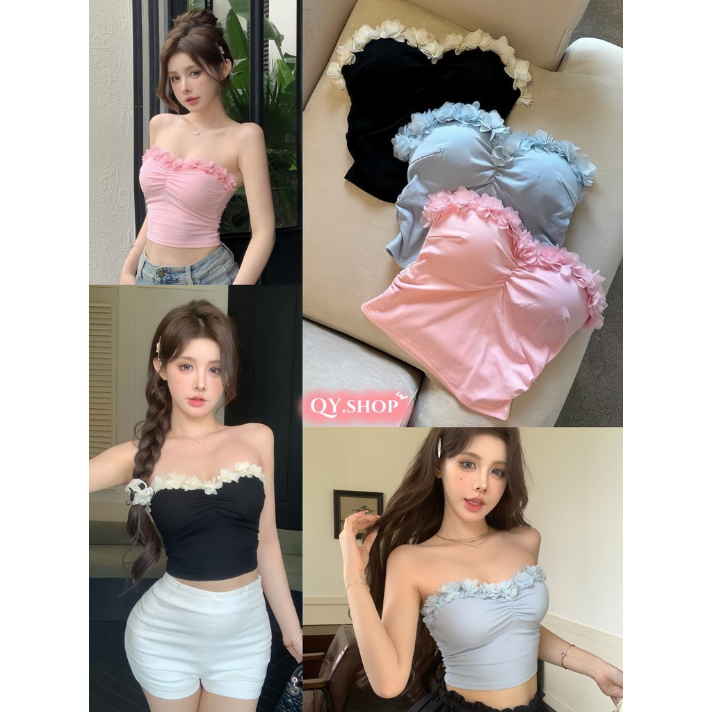 QY.Shop⭐️สินค้าราคาพิเศษ⭐️ พร้อมส่ง เสื้อเกาะอก มีฟองน้ำในตัว ใส่สบายมาก แต่งขอบดอกไม้ "FY3055"