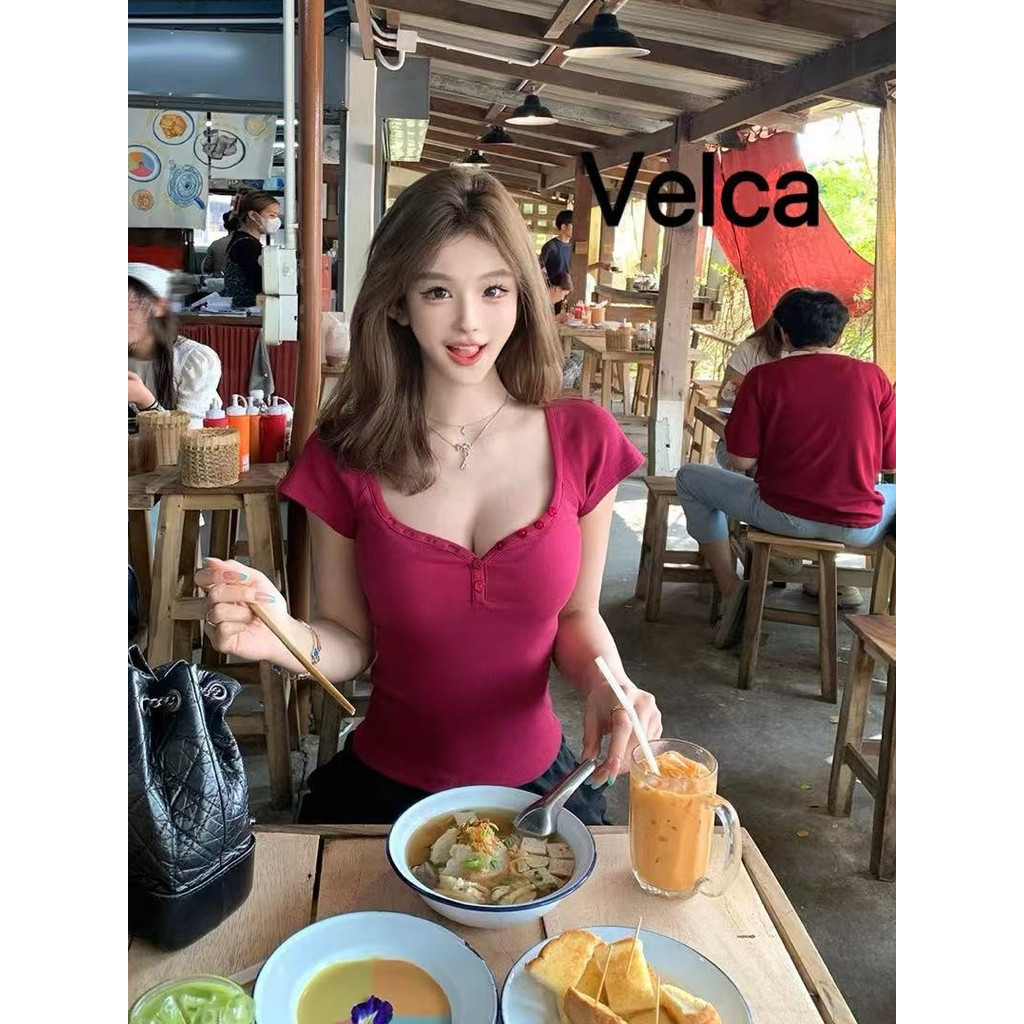 เสื้อยืดคอวีทรงเข้ารูปสีทึบผู้หญิง ฤดูร้อนสลิมเมอร์ลำลอง ดูเสื้อยืดผู้หญิง Velca