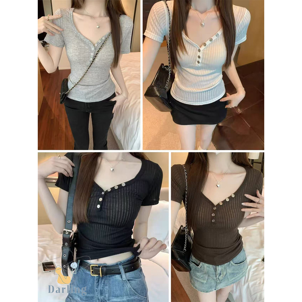 เสื้อครอปคอวี กระดุมหน้า สั้น ครึ่งแขน ดีไซน์เก๋