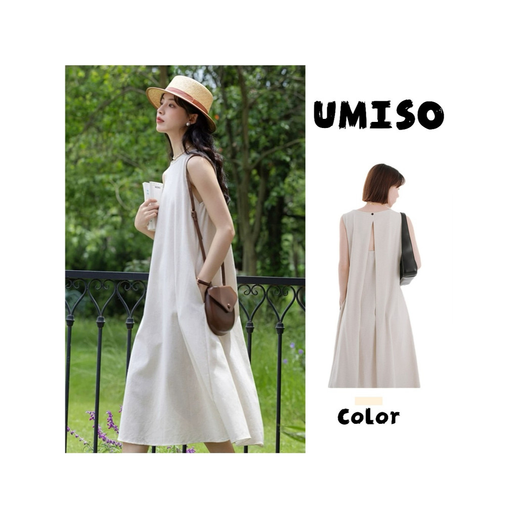 UMISO ชุดเดรสยาว เดรสคอกลม เนื้อผ้าใส่สบาย เดรสแขนกุด ชุดเที่ยวทะเล เดรสทรงหลวม ชุดเดรสผู้หญิง