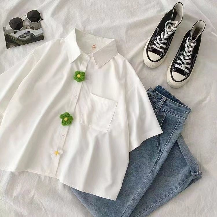ชุดเสื้อแขนสั้นน่ารัก สไตล์วิทยาลัย แบบหลวม
