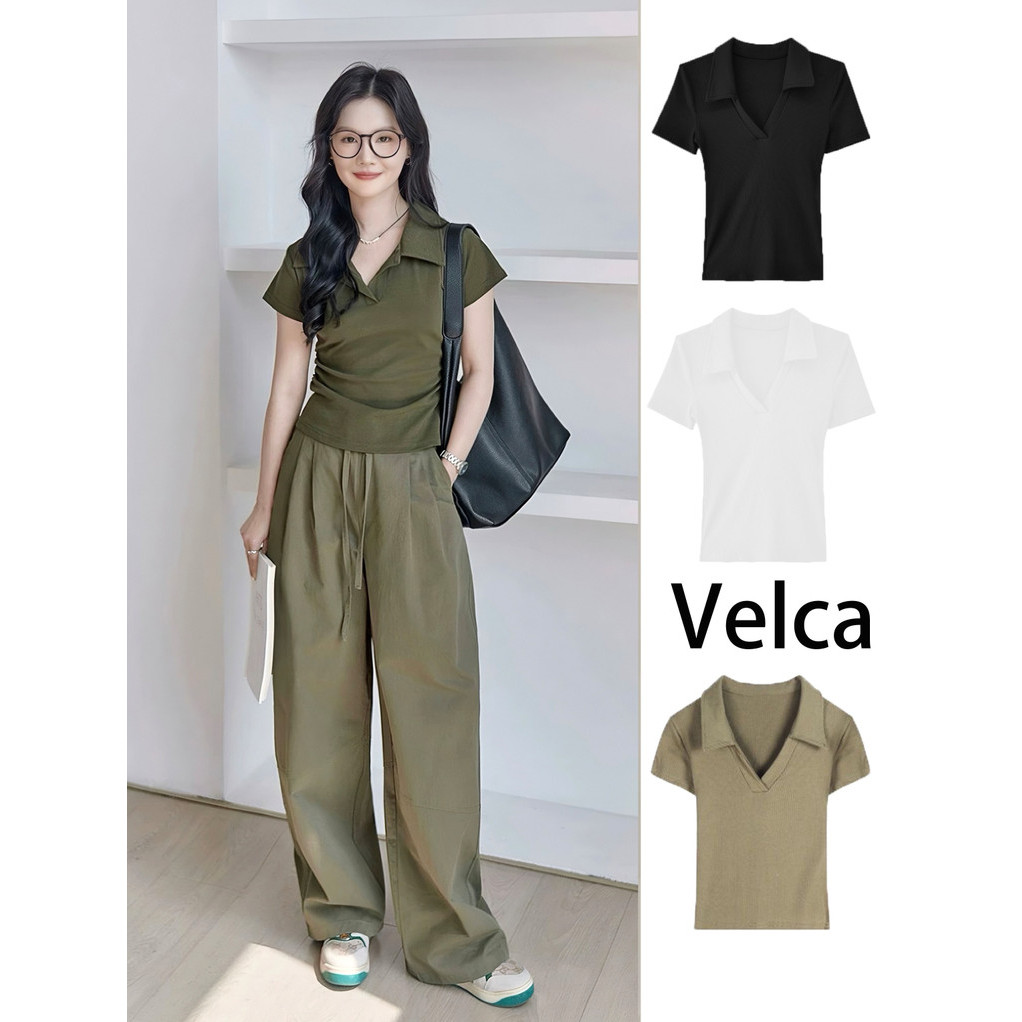 พร้อมส่ง  แขนสั้น  เสื้อผ้าแฟชั่นเกาหลี เสื้อโปโลฤดูร้อนสำหรับผู้หญิง ใส่เที่ยว ใส่ทํางาน Velca
