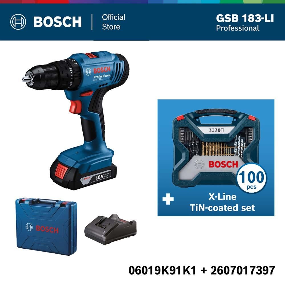 Bosch ชุดสุดคุ้ม สว่านกระแทกไร้สาย GSB 183 ชุุดดอกสว่าน X-Line 100