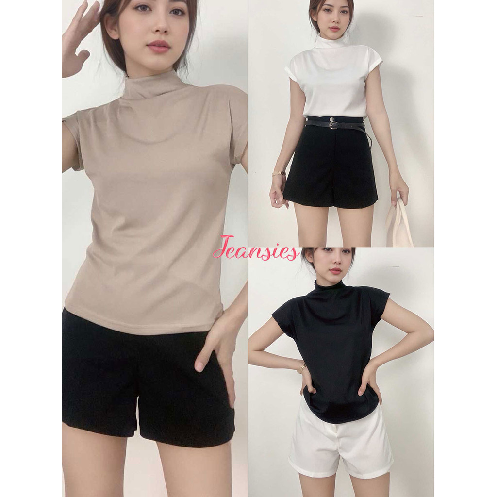 เสื้อยืดคอกลมผู้หญิงแขนล้ำ พรางแขนให้ดูเพรียว คอสูง