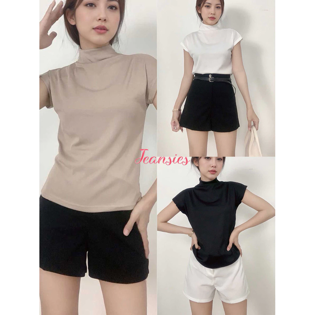 เสื้อยืดคอกลมผู้หญิงแขนล้ำ พรางแขนให้ดูเพรียว คอสูง
